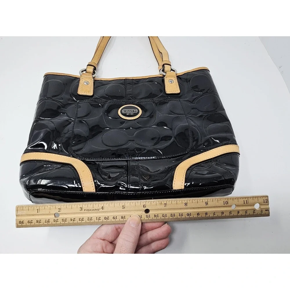 Coach Tote Bag Womens Medium Black Signature C Patent Leather Shoulder Purse